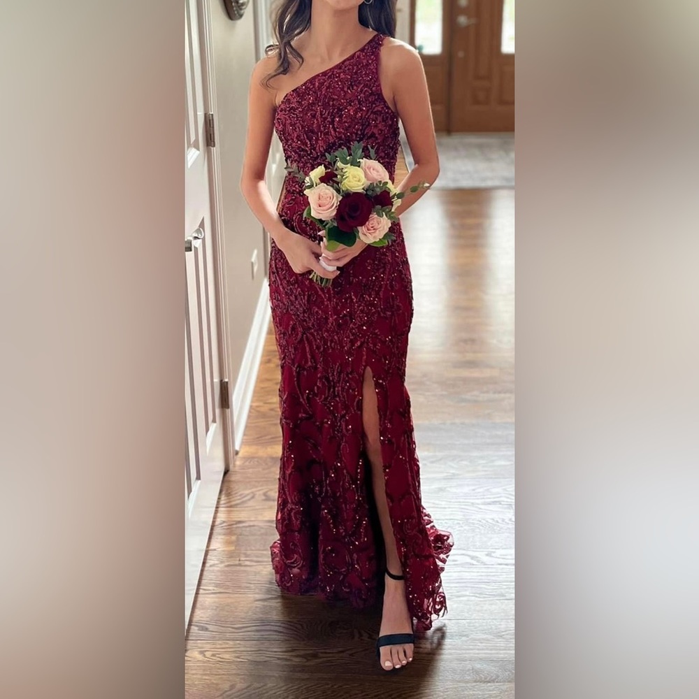 Sherri Hill Burgundy One-Shoulder Prom Dress